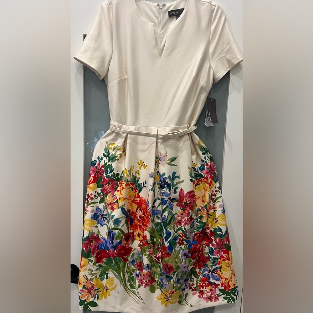 Floral Belted Cream Fit-and-Flare Dress